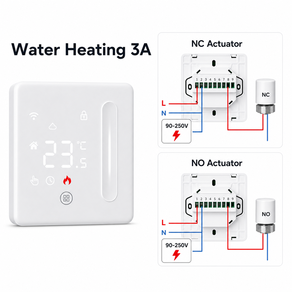 Water heating 3A thermostat variant with NC and NO actuator wiring