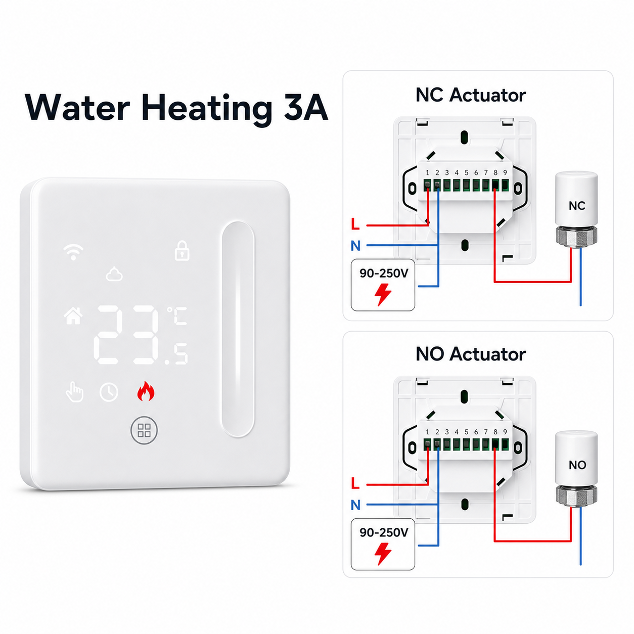 Water heating 3A thermostat variant with NC and NO actuator wiring