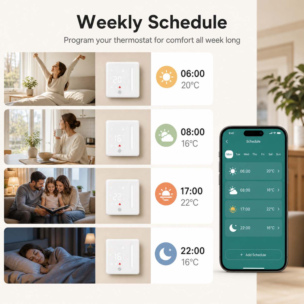 Weekly schedule interface for Wi-Fi floor thermostat