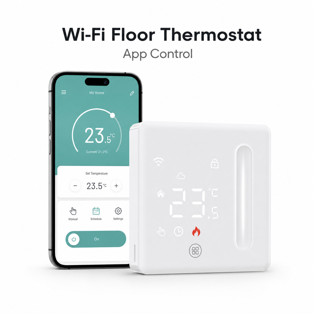 Studio packshot of Wi-Fi floor thermostat with app control