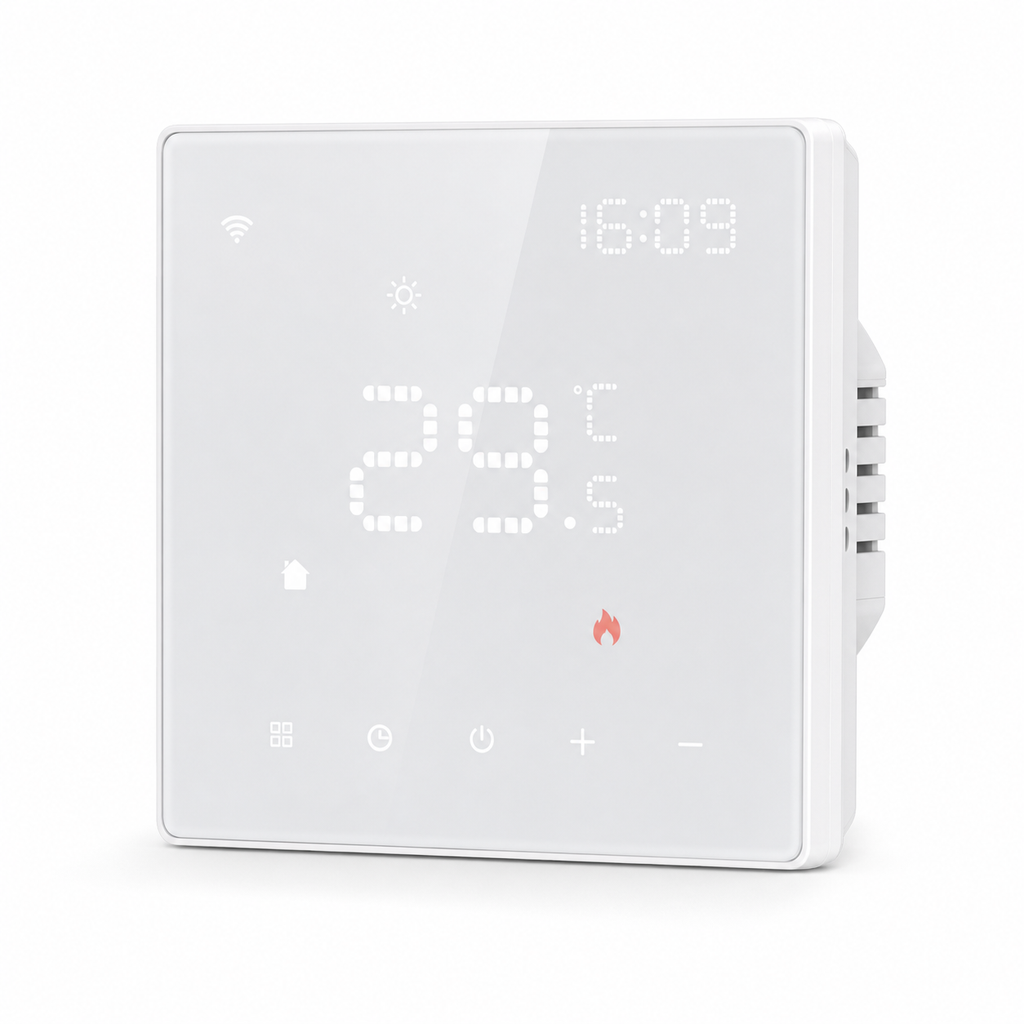 Studio packshot of white WiFi thermostat with LED touch display