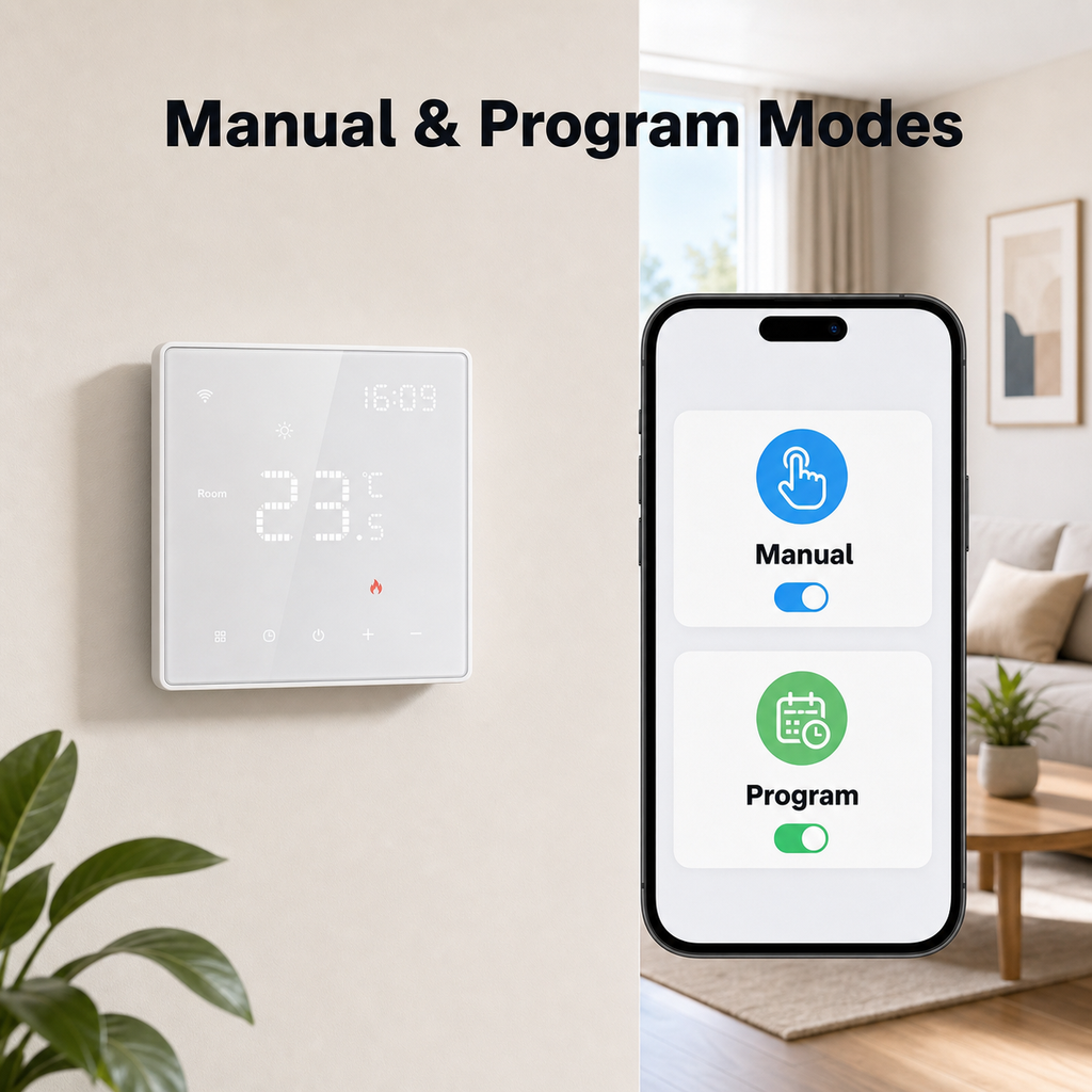 Manual and program modes for WiFi smart thermostat