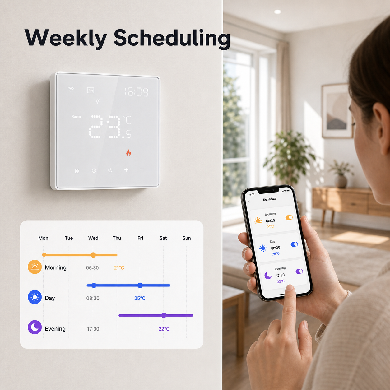 Weekly scheduling control for WiFi smart thermostat