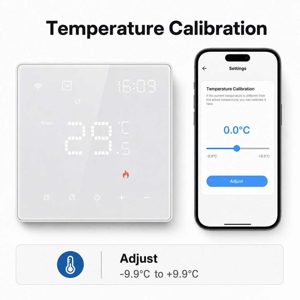 Temperature calibration screen for WiFi thermostat
