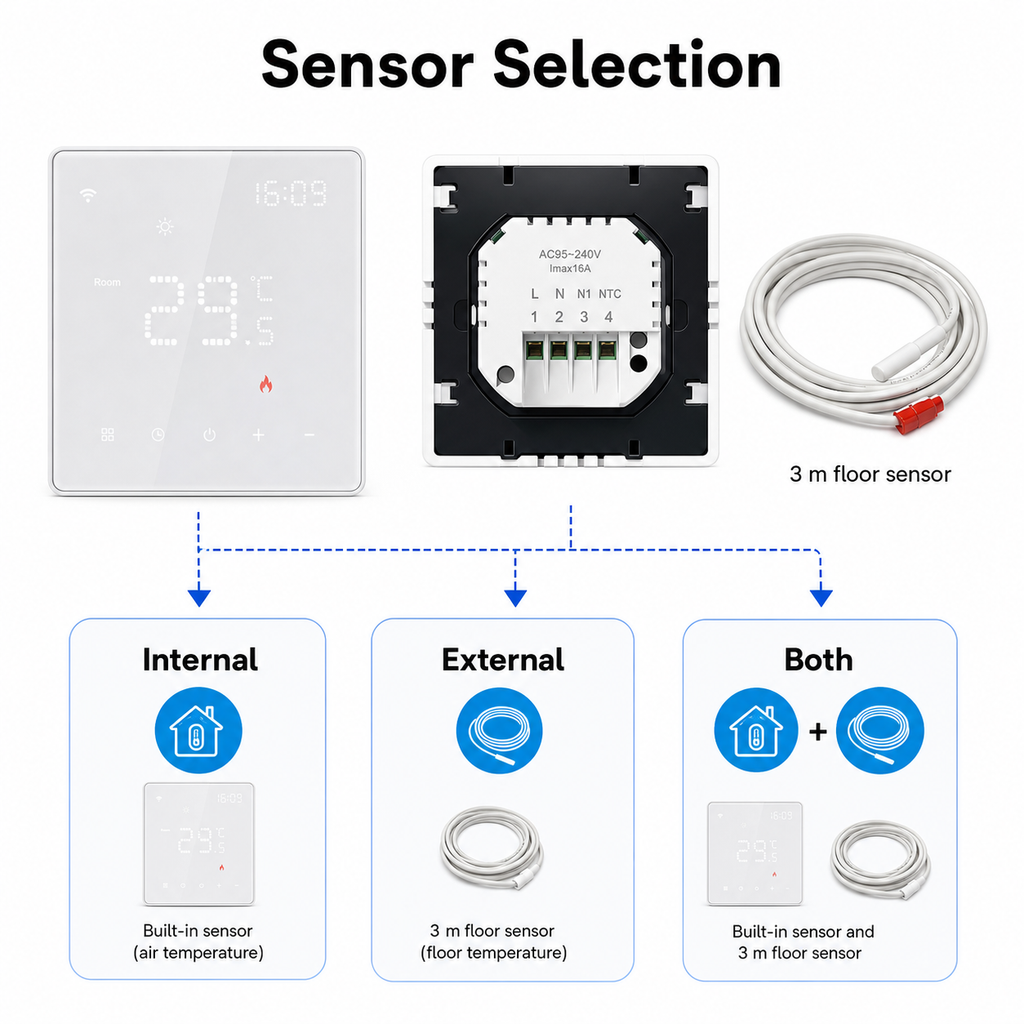 Internal and external sensor selection for WiFi thermostat