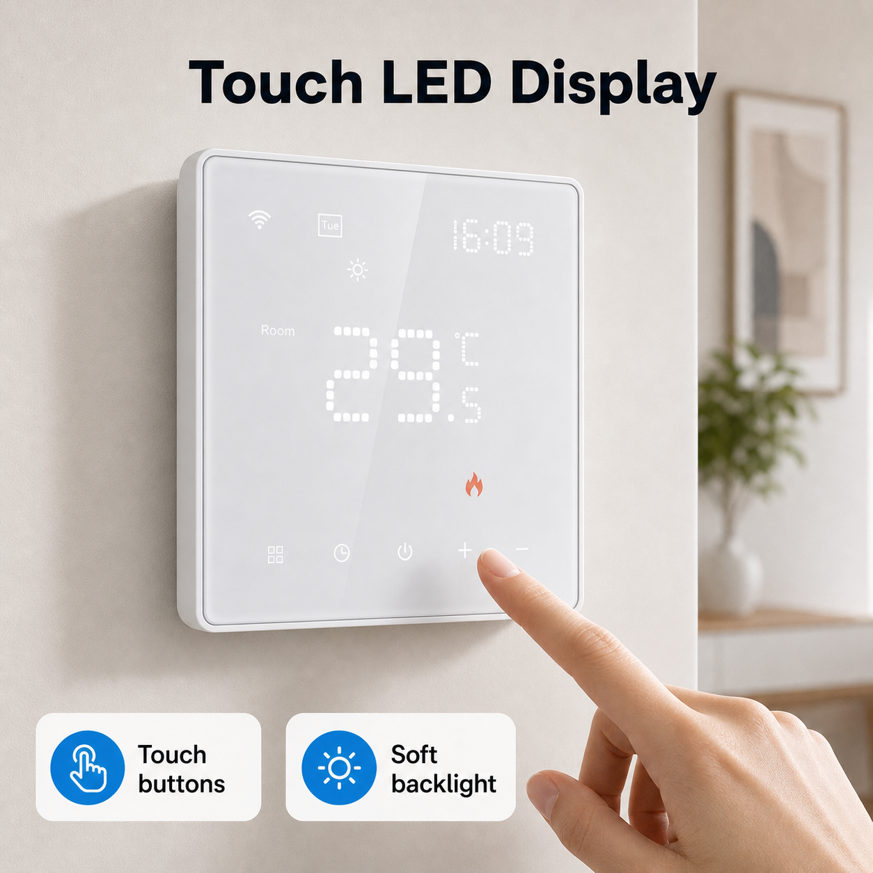 Touch LED display detail for white WiFi smart thermostat