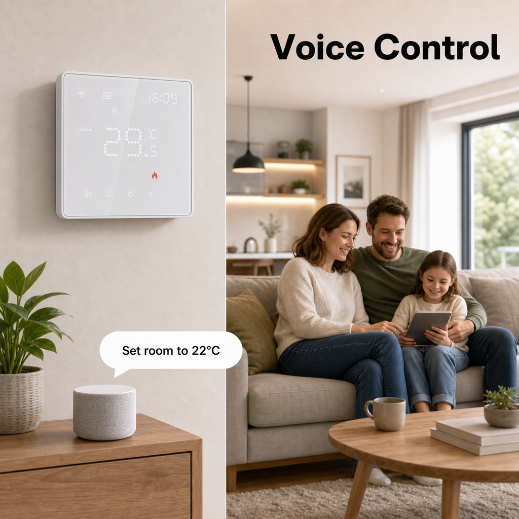 Voice control scene with WiFi thermostat in a modern living room