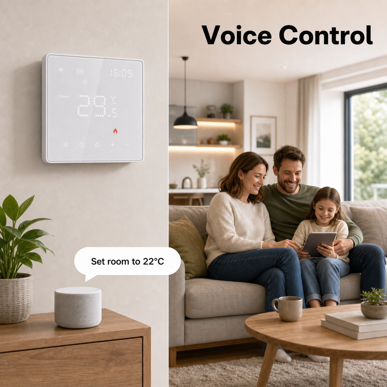 Voice control scene with WiFi thermostat in a modern living room