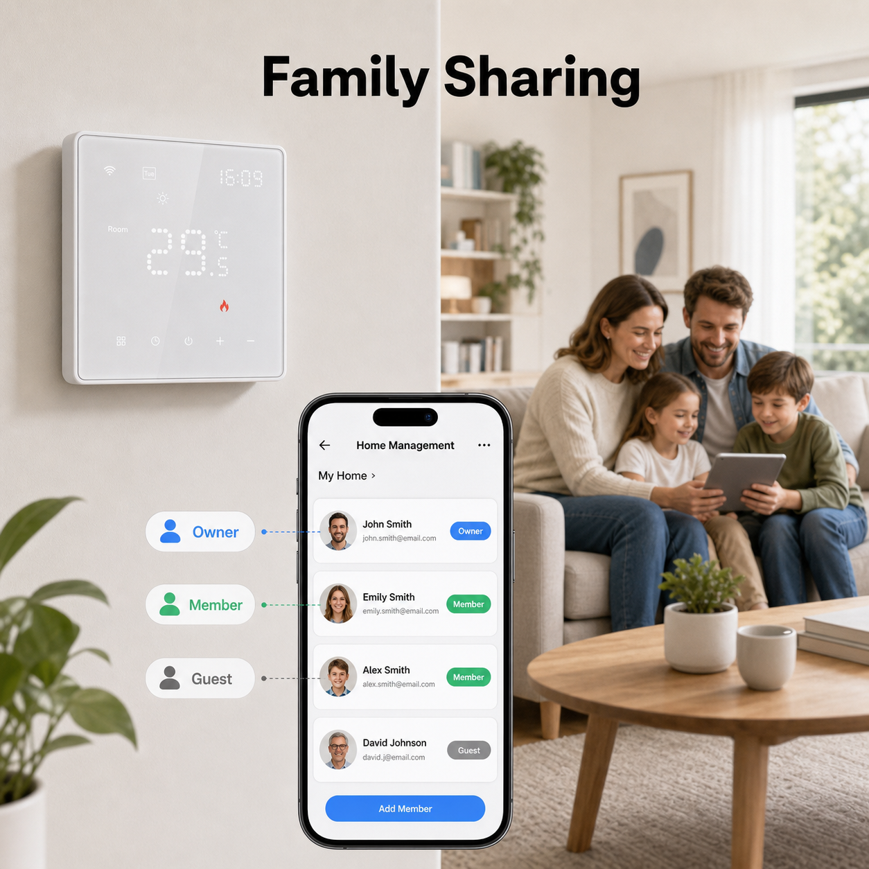 Family sharing interface for WiFi smart thermostat