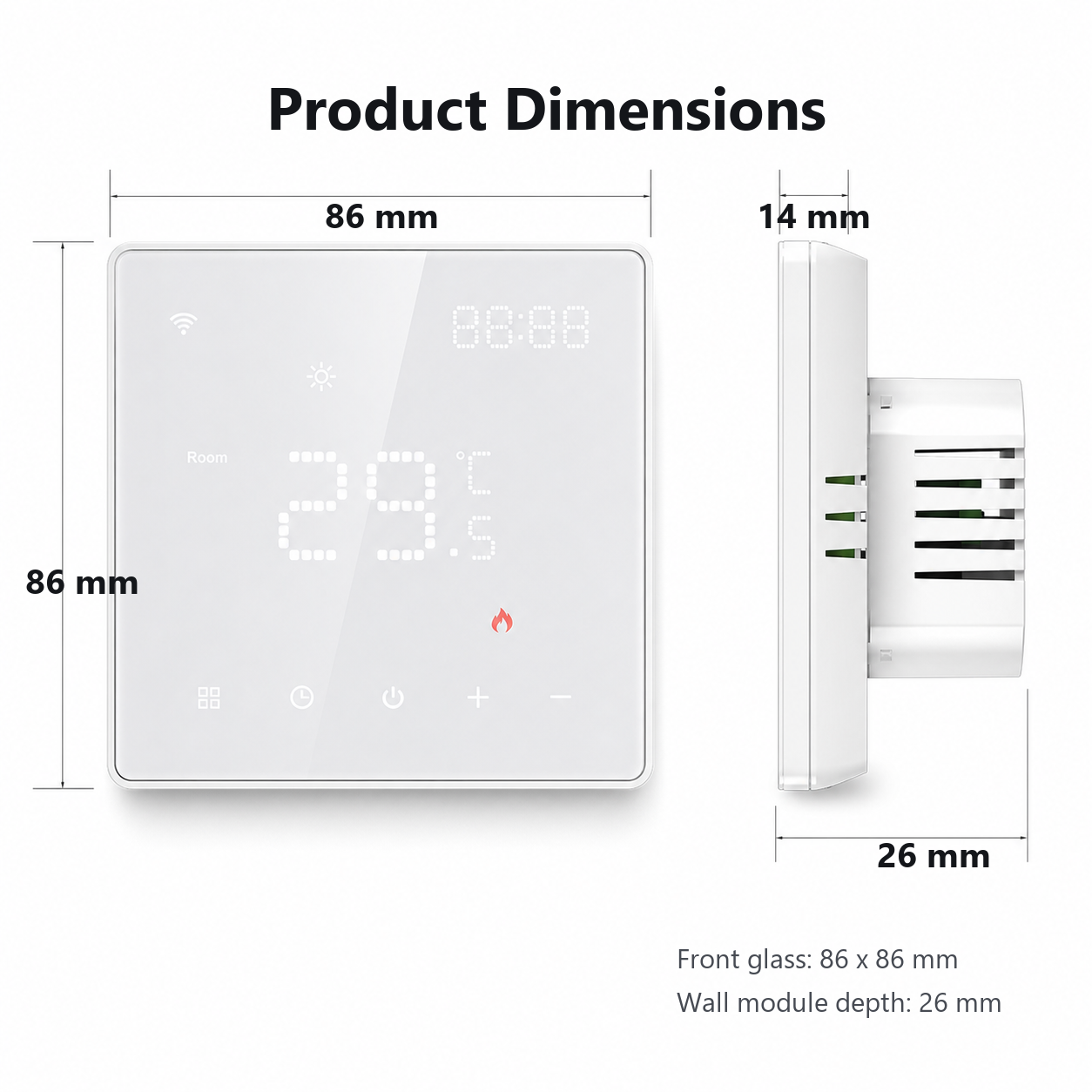 Product dimensions for square WiFi thermostat