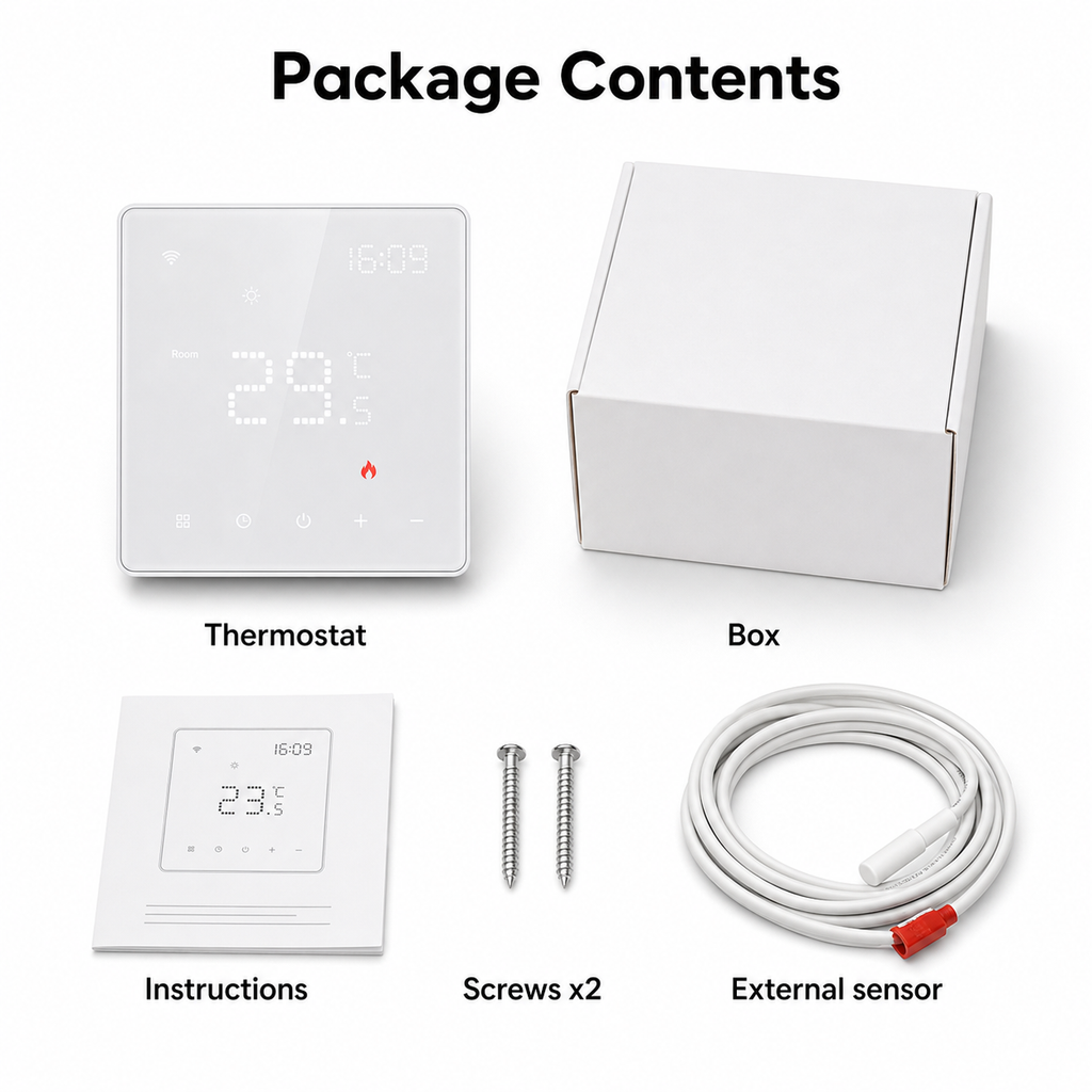 Package contents for WiFi smart thermostat with external sensor