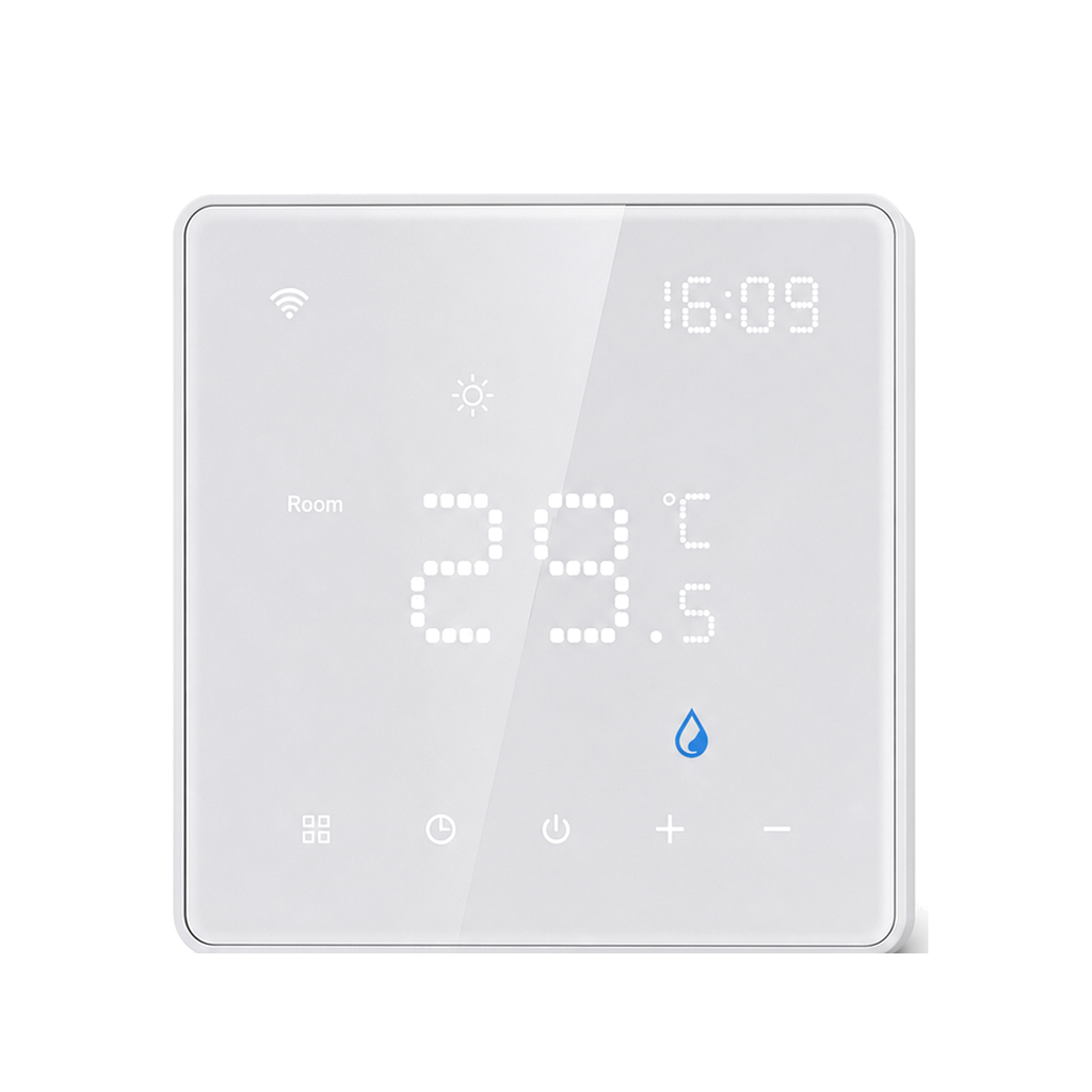 Thermostat Wi-Fi pour chauffage à eau sur fond blanc