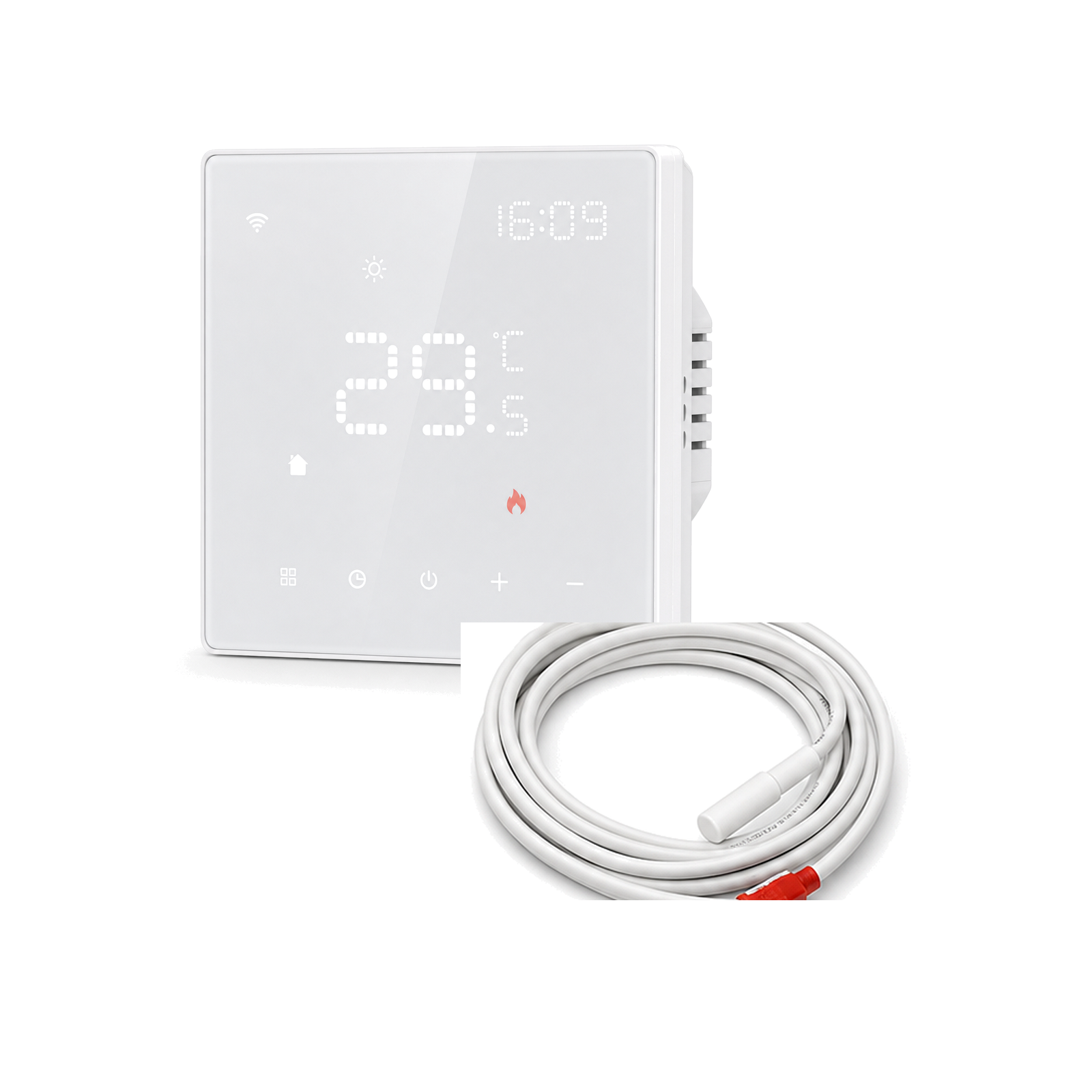 Thermostat Wi-Fi pour chauffage électrique avec sonde externe sur fond blanc