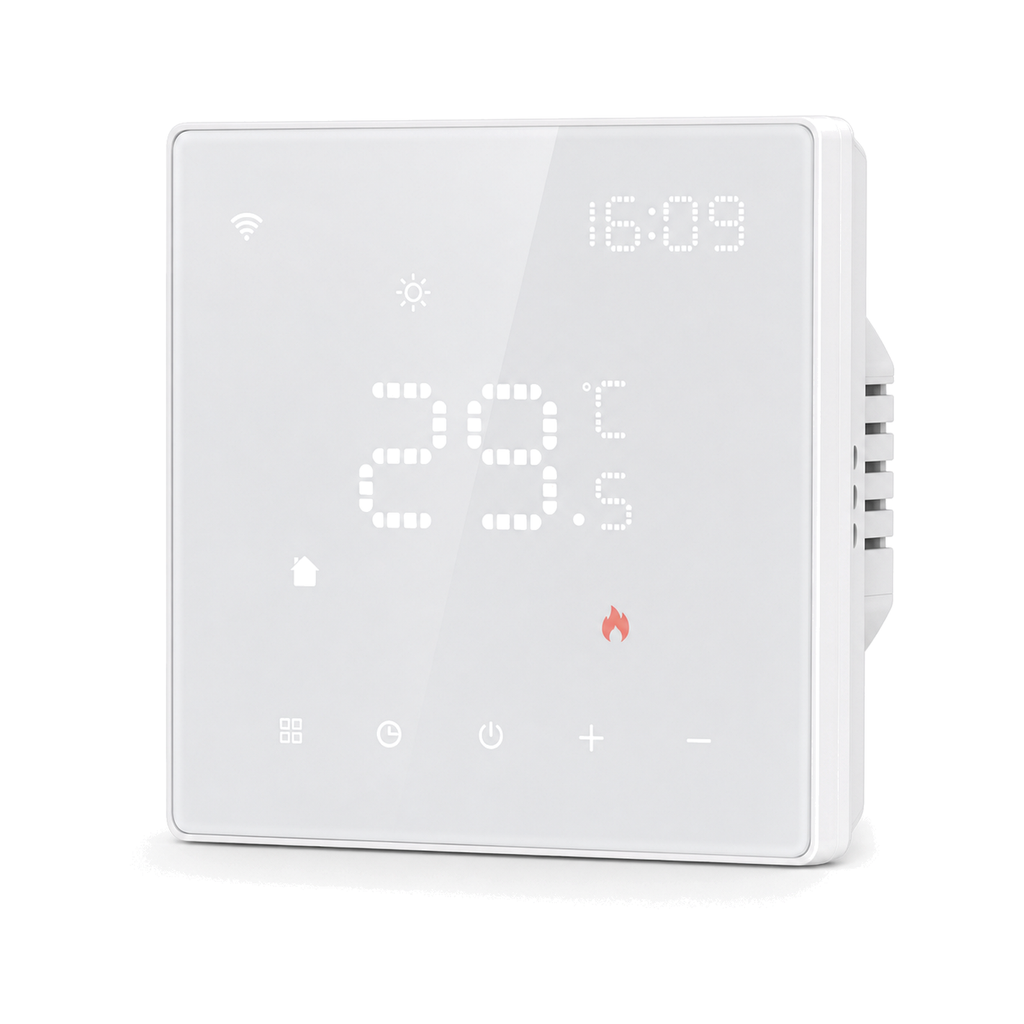 Thermostat Wi-Fi blanc NéoTherm Floor Plus Essential vu de face sur fond blanc