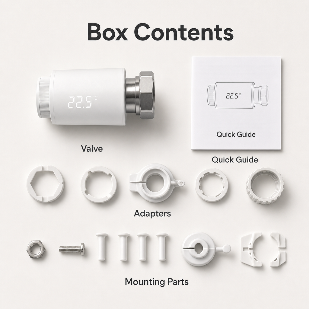 Box contents flat lay for NéoTherm Pro thermostatic radiator valve with adapters