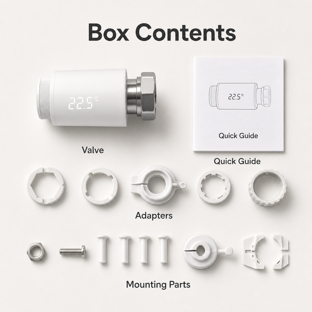 Box contents flat lay for NéoTherm Pro thermostatic radiator valve with adapters