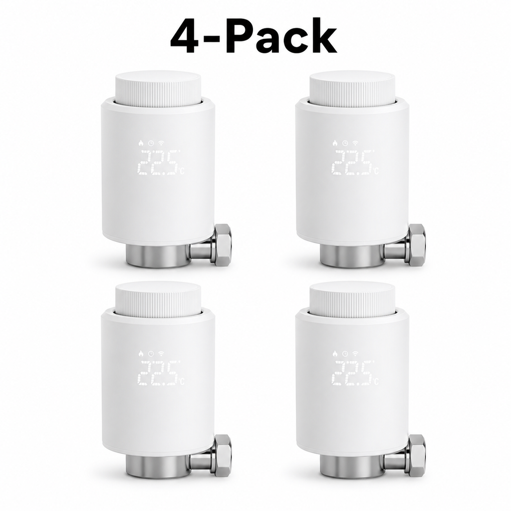 Studio image of four NéoTherm Pro thermostatic radiator valves