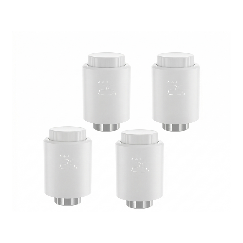 Lot de quatre vannes thermostatiques NéoTherm Pro sur fond blanc studio