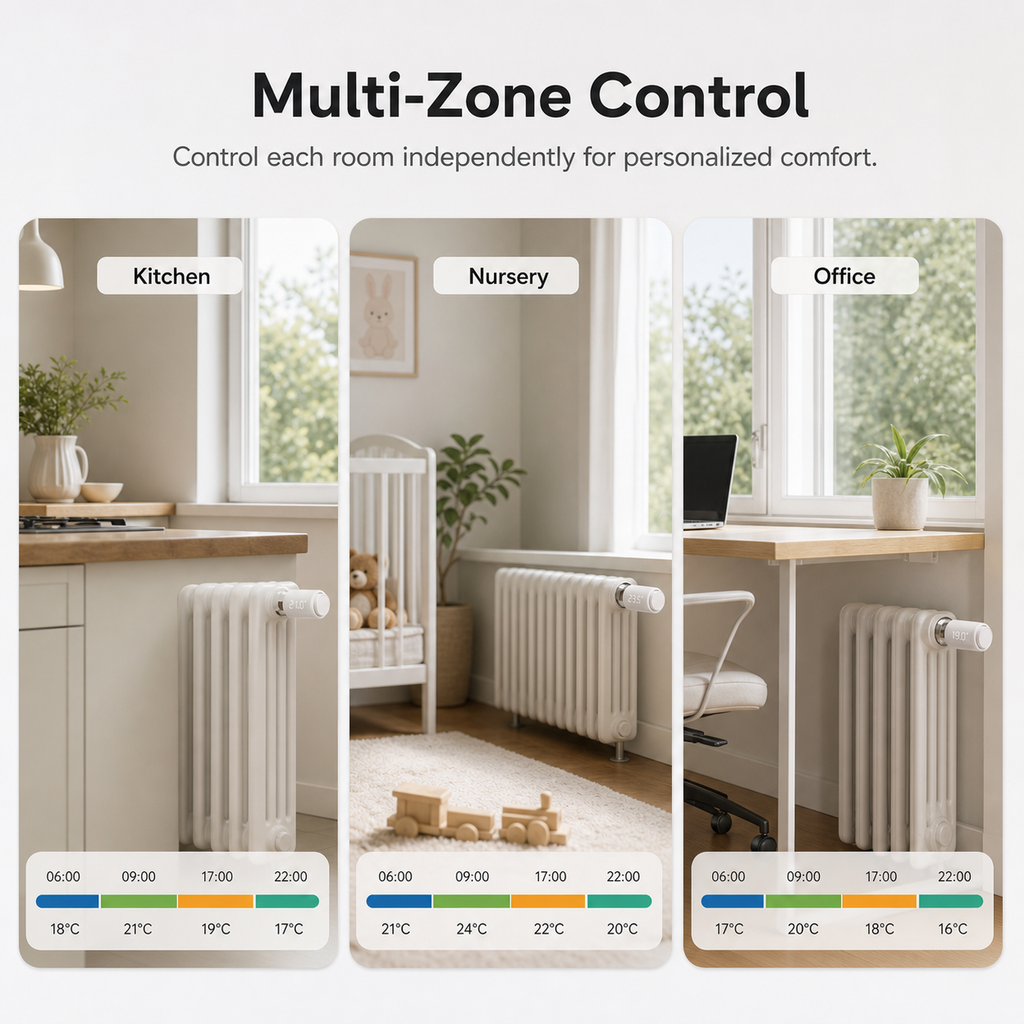Multi-zone room control overview for NéoTherm Pro smart radiator valves