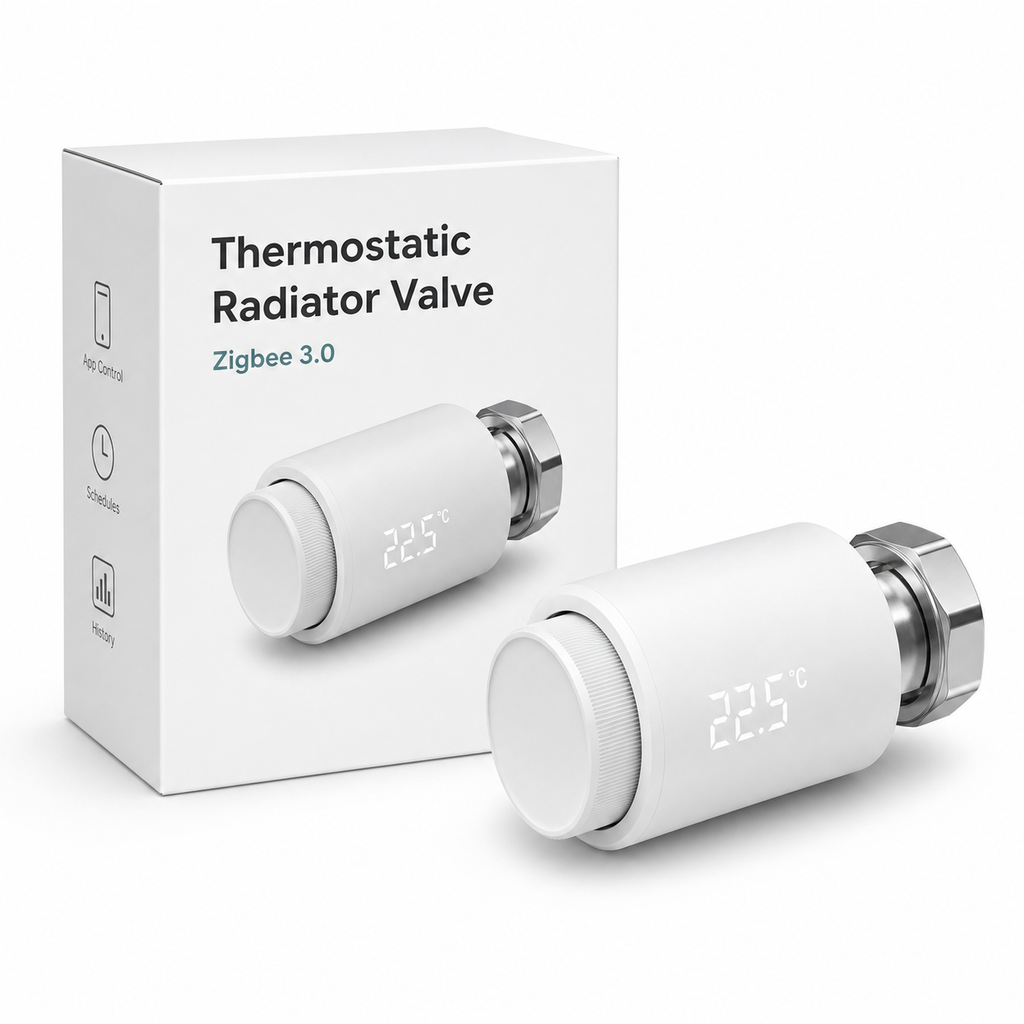 NéoTherm Pro thermostatic radiator valve with clean product box in studio