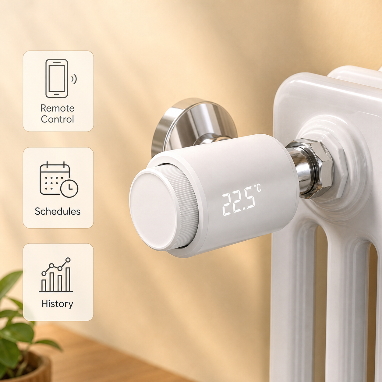 NéoTherm Pro smart radiator valve installed with remote control feature callouts