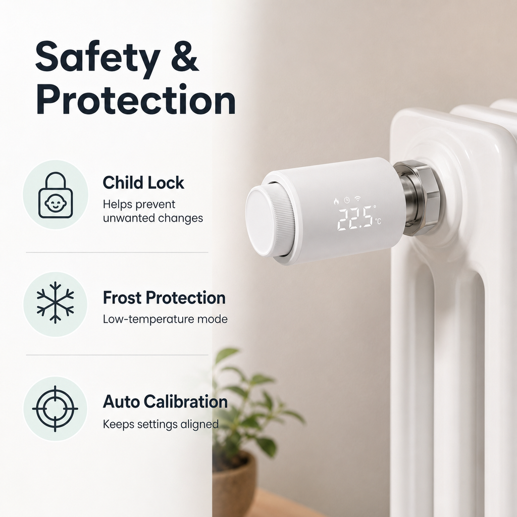 Safety and protection features for NéoTherm Pro radiator thermostat