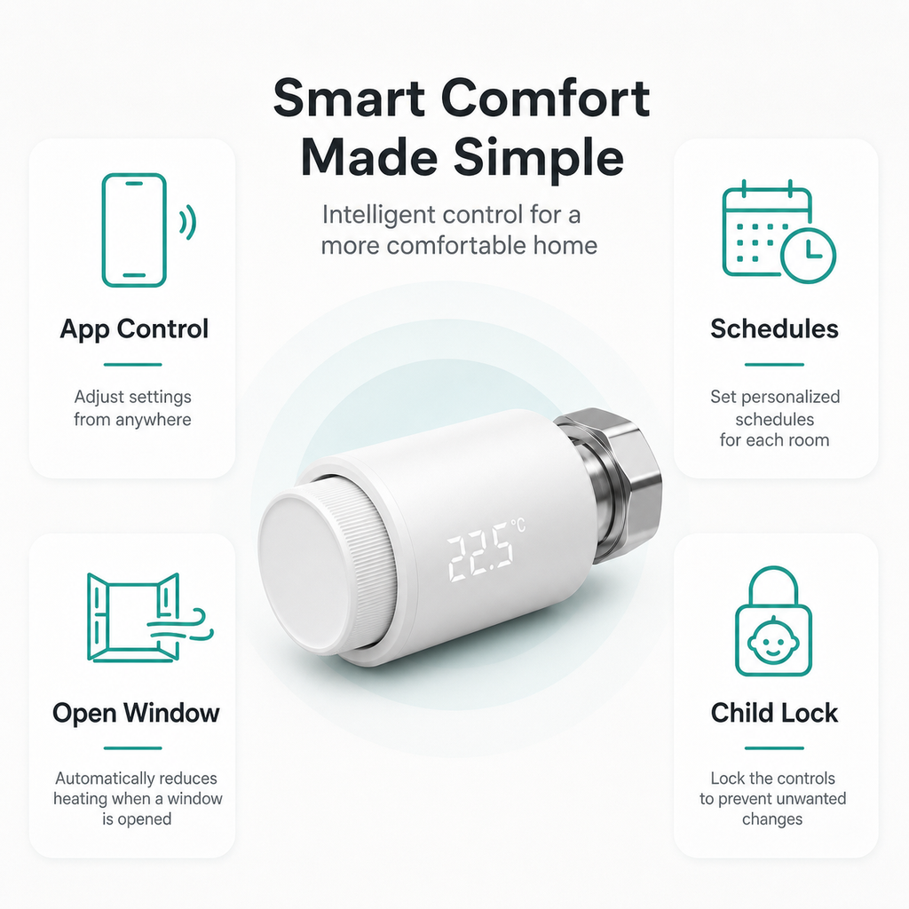 Smart comfort feature overview for NéoTherm Pro thermostatic radiator valve