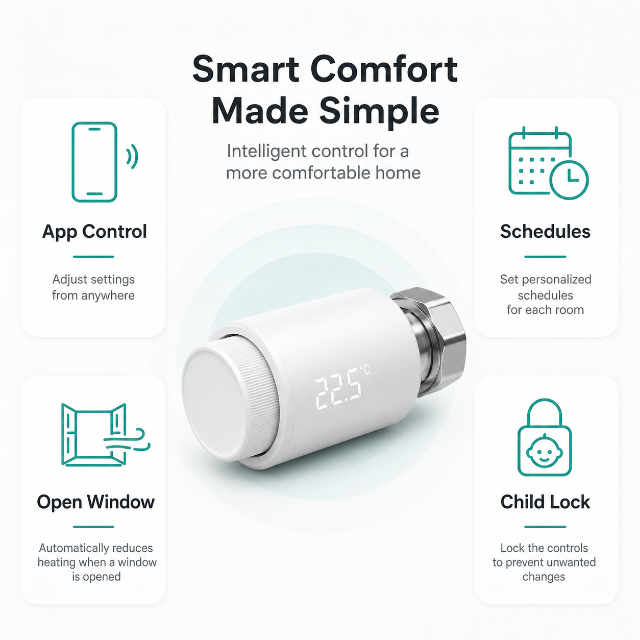 Smart comfort feature overview for NéoTherm Pro thermostatic radiator valve