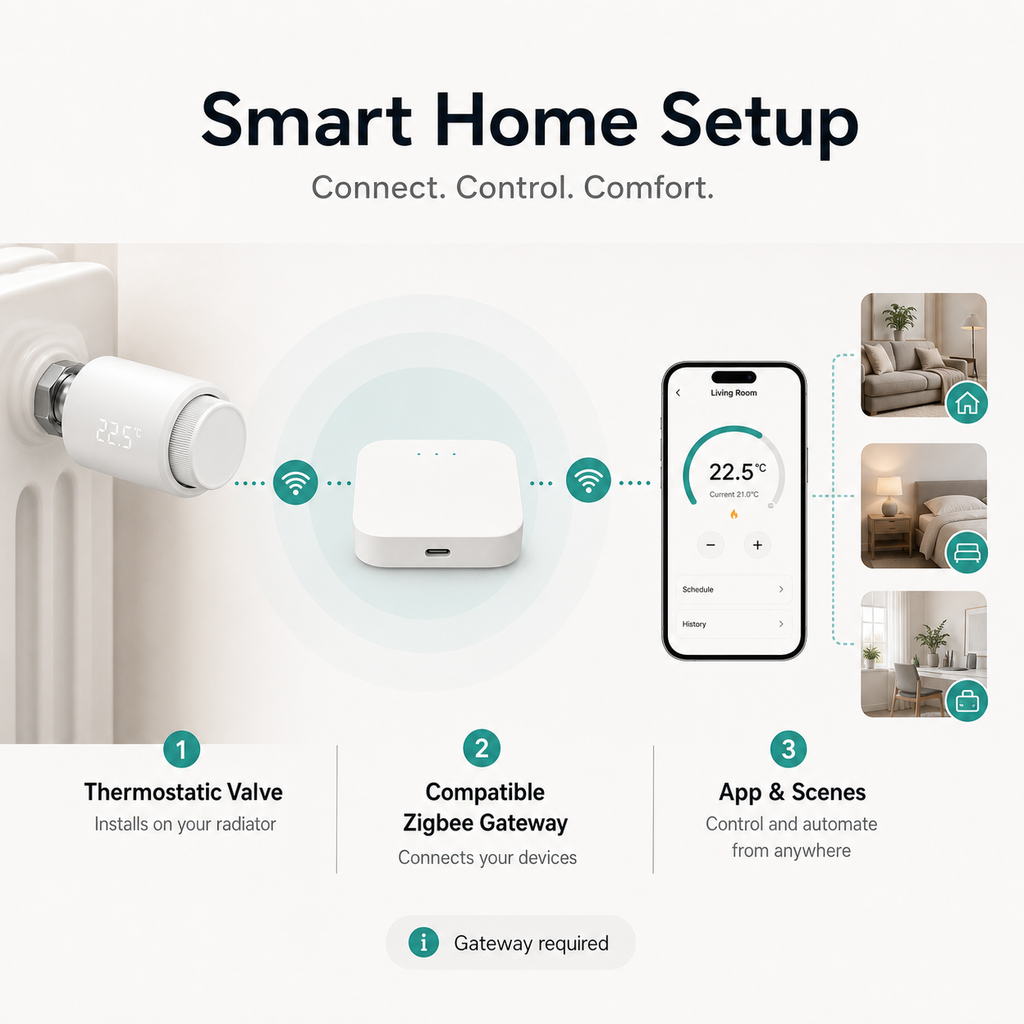Generic smart home setup with NéoTherm Pro valve and compatible Zigbee gateway