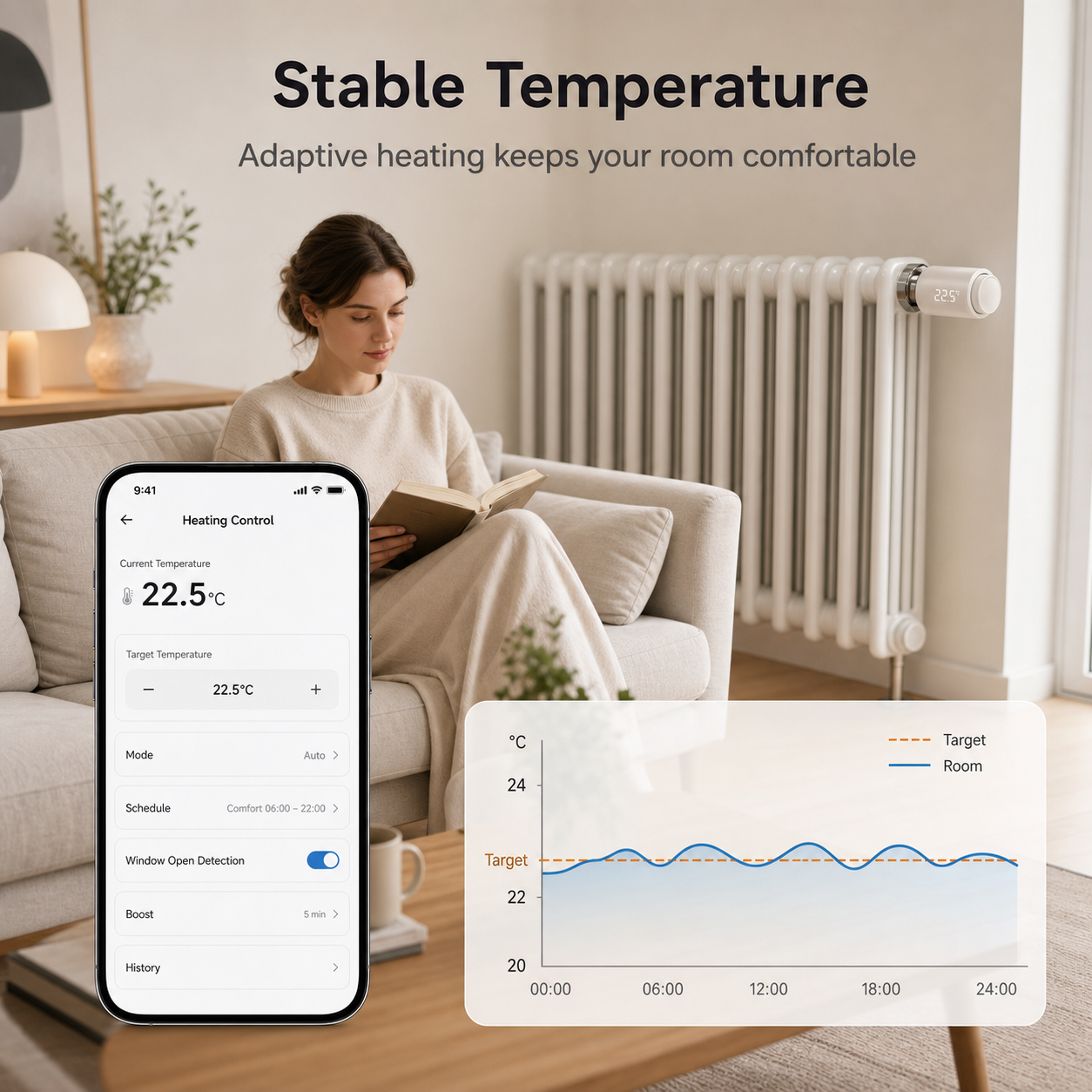 Lifestyle image of NéoTherm Pro showing stable room temperature control