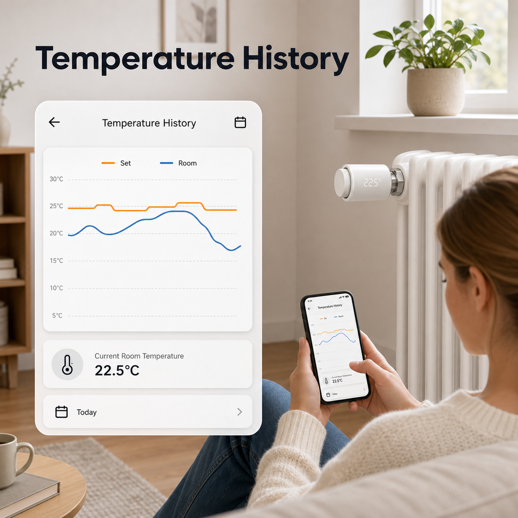 Temperature history app view for NéoTherm Pro smart radiator valve