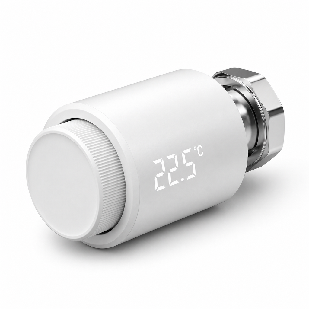 Studio packshot of NéoTherm Pro Zigbee thermostatic radiator valve