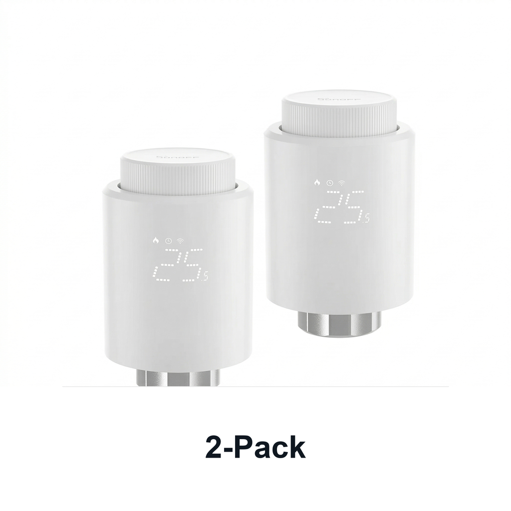 Studio image of two NéoTherm Pro thermostatic radiator valves