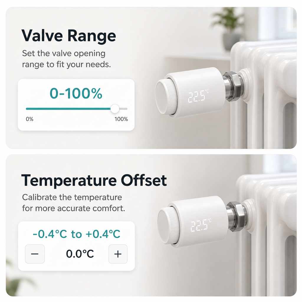 Valve range and temperature offset settings for NéoTherm Pro thermostatic valve
