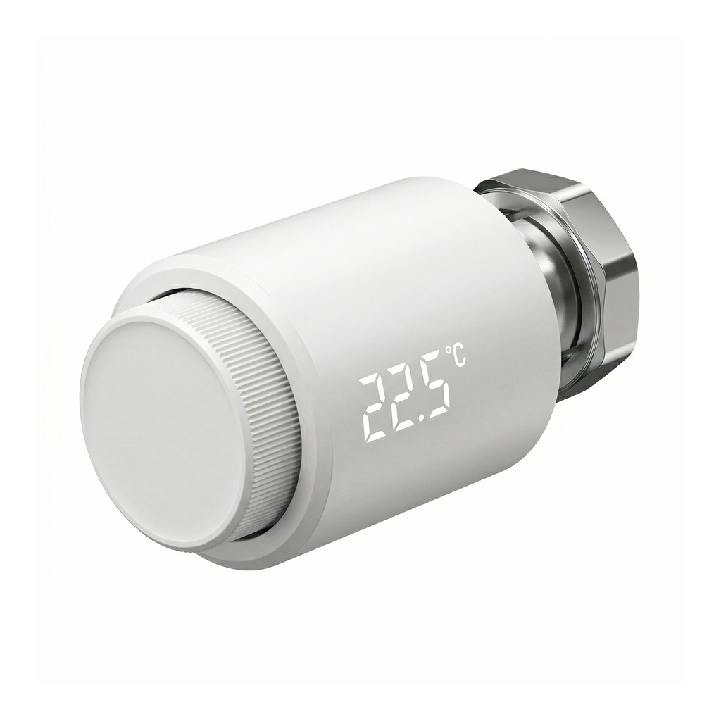 Vanne thermostatique Zigbee NéoTherm Pro sur fond blanc studio