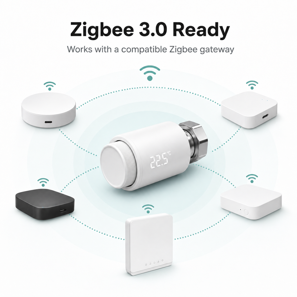 NéoTherm Pro Zigbee 3.0 ready image with compatible gateway illustration