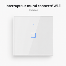 NéoTouch Glass T2/T3 Pro, interrupteur mural WiFi blanc à un bouton avec façade tactile.