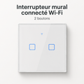 NéoTouch Glass T2/T3 Pro, interrupteur mural WiFi blanc à deux boutons avec façade tactile.