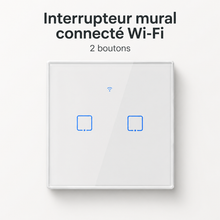 NéoTouch Glass T2/T3 Pro, interrupteur mural WiFi blanc à deux boutons avec façade tactile.
