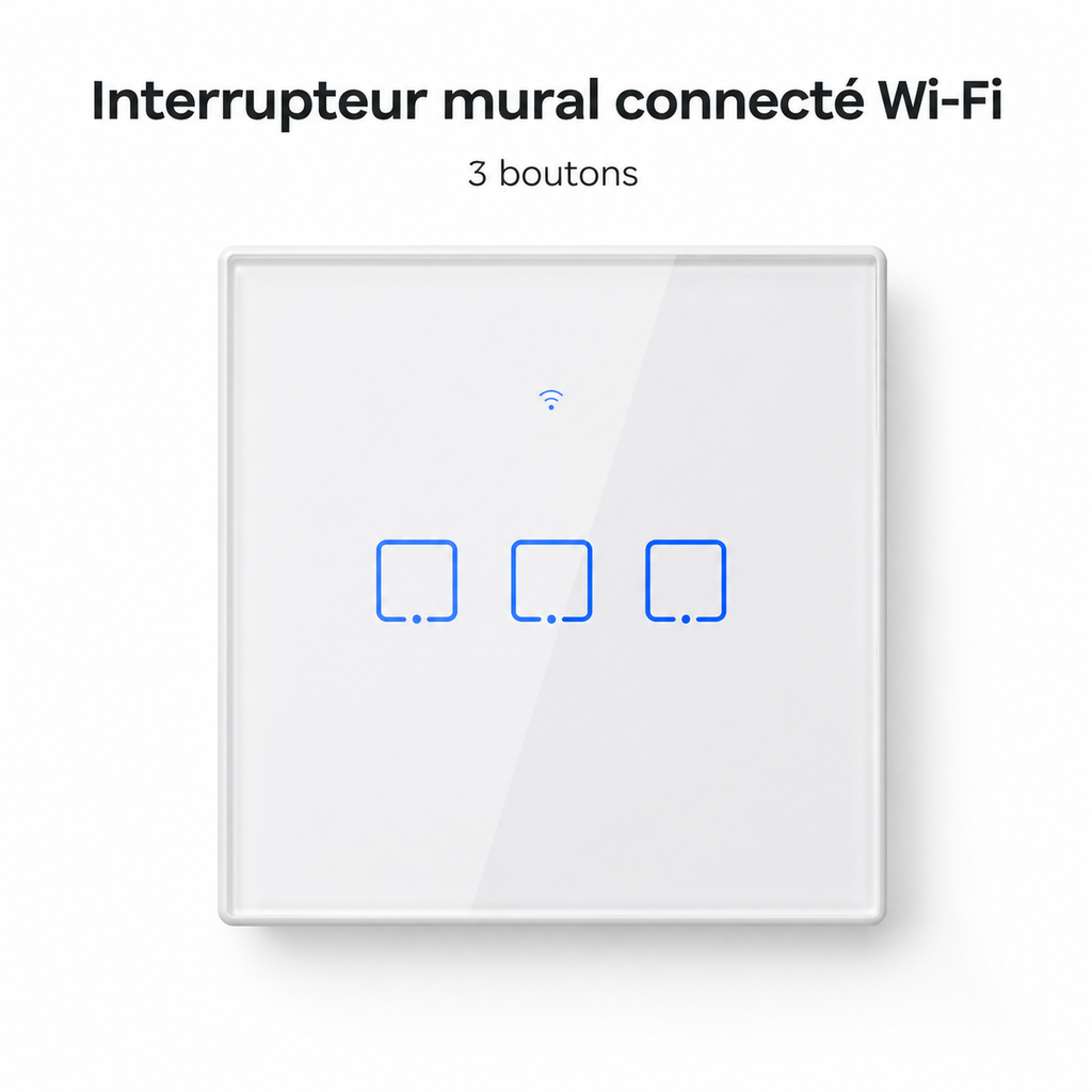 NéoTouch Glass T2/T3 Pro, interrupteur mural WiFi blanc à trois boutons avec façade tactile.