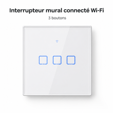 NéoTouch Glass T2/T3 Pro, interrupteur mural WiFi blanc à trois boutons avec façade tactile.