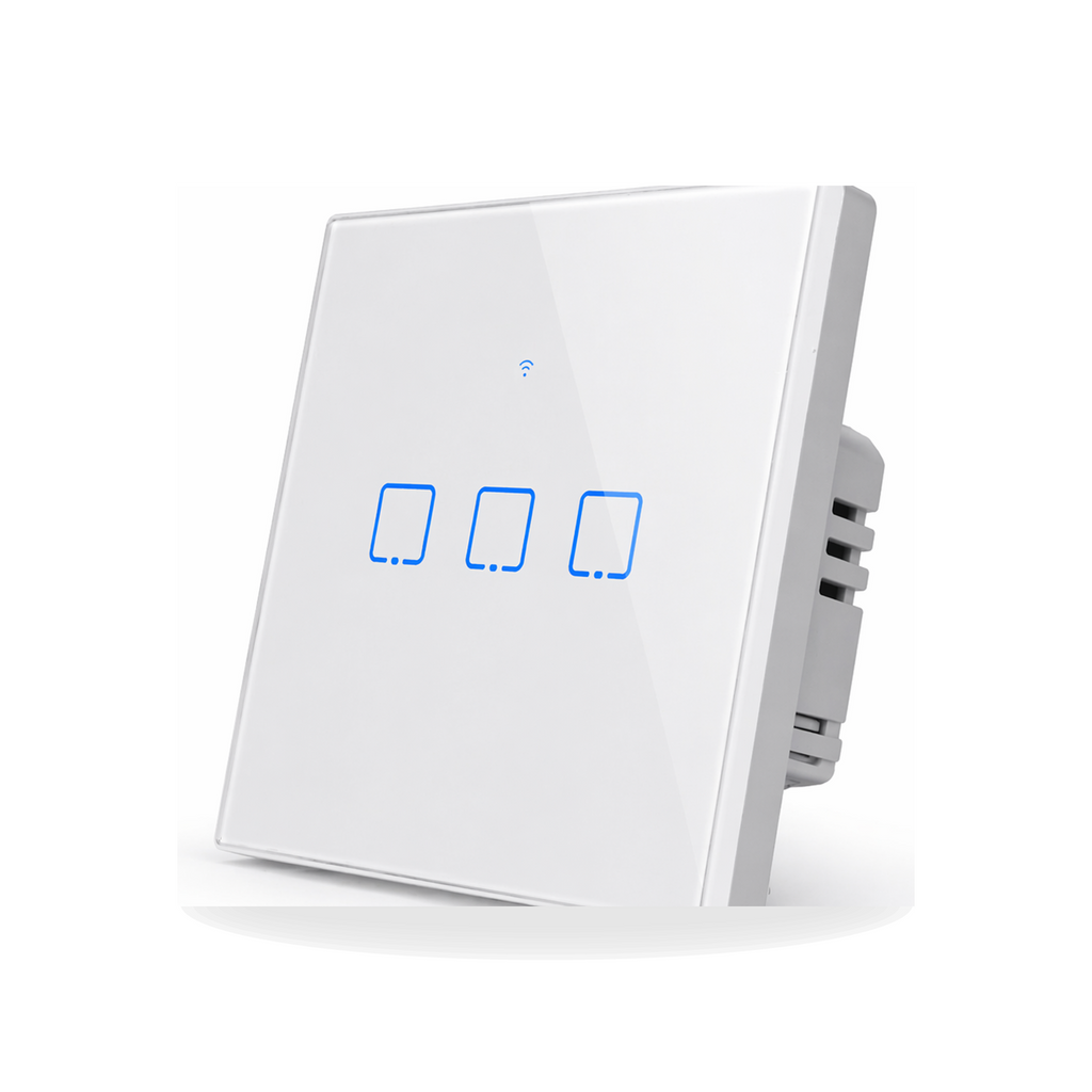 NéoTouch Glass T2/T3 Pro blanc à trois canaux, vue de côté avec module arrière standard UK.