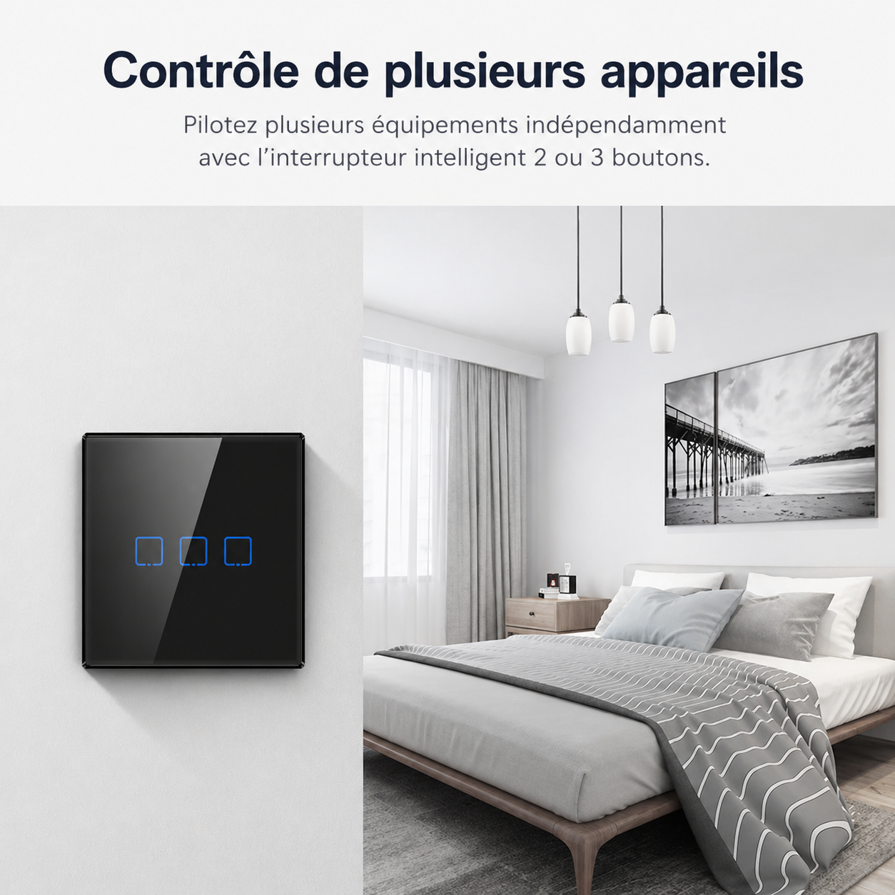 NéoTouch Glass T2/T3 Pro, contrôle de plusieurs appareils avec interrupteur intelligent 2 ou 3 boutons.