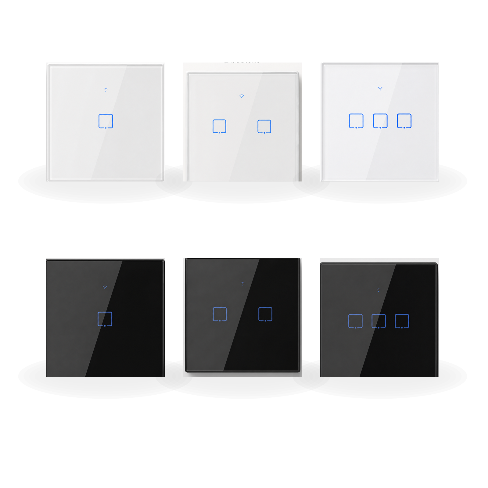 Gamme NéoTouch Glass T2/T3 Pro blanc et noir avec un, deux et trois canaux tactiles.