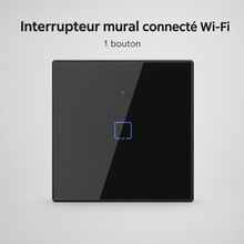 NéoTouch Glass T2/T3 Pro, interrupteur mural WiFi noir à un bouton avec façade tactile.