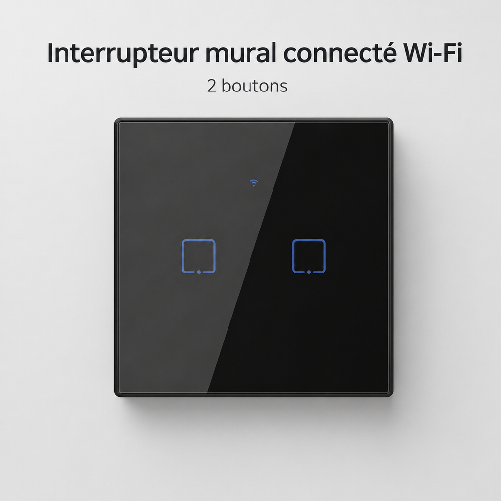 NéoTouch Glass T2/T3 Pro, interrupteur mural WiFi noir à deux boutons avec façade tactile.