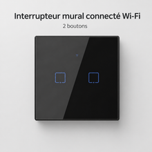 NéoTouch Glass T2/T3 Pro, interrupteur mural WiFi noir à deux boutons avec façade tactile.