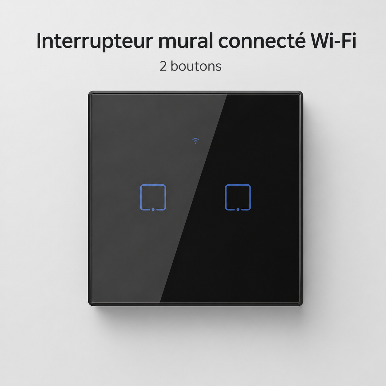 NéoTouch Glass T2/T3 Pro, interrupteur mural WiFi noir à deux boutons avec façade tactile.