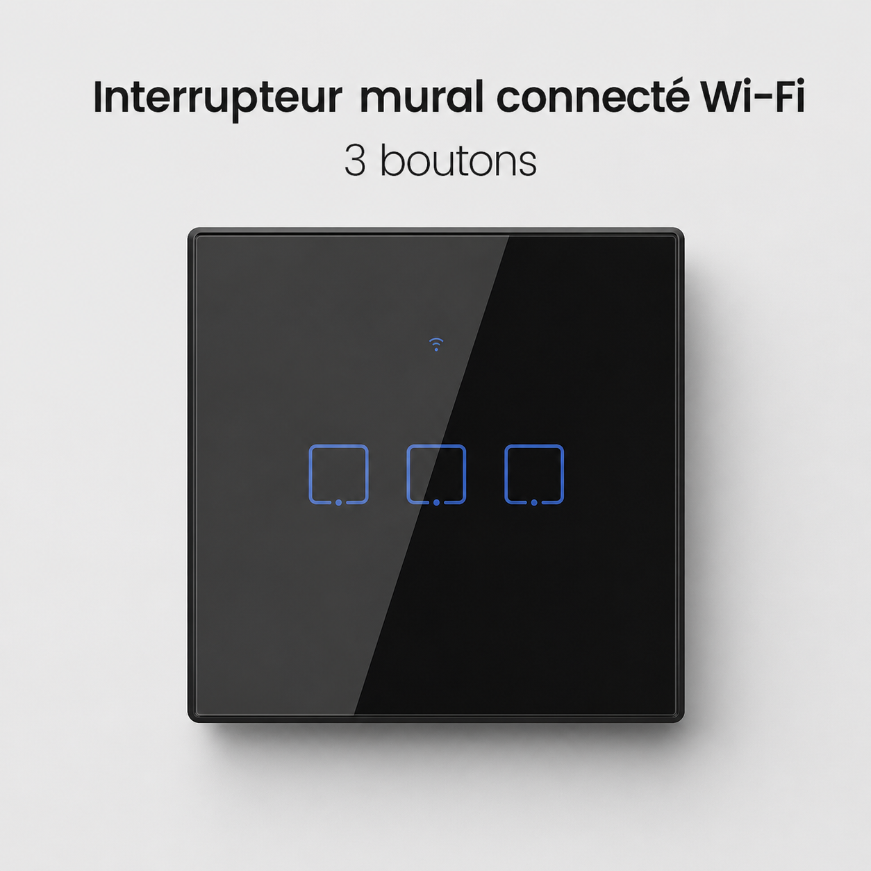 NéoTouch Glass T2/T3 Pro, interrupteur mural WiFi noir à trois boutons avec façade tactile.