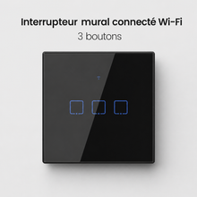 NéoTouch Glass T2/T3 Pro, interrupteur mural WiFi noir à trois boutons avec façade tactile.